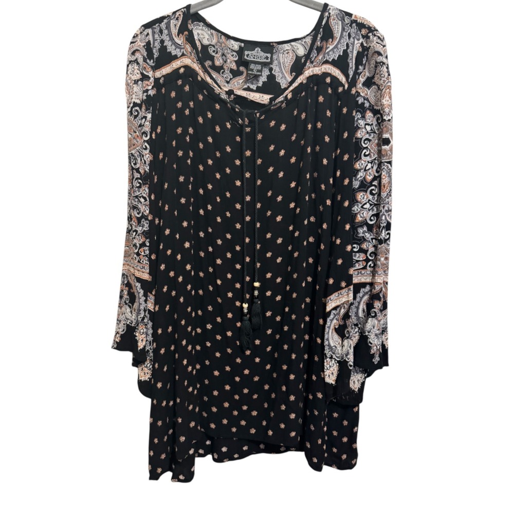 Angie Boho Blouse Women's Size Large Black Floral Tassel Whimsigoth Festival Top - Picture 8 of 9